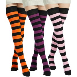 BABAHU Ladies Extra Long Cotton Striped Thigh High Socks, ZZ-02 Purple/Orange/Pink
