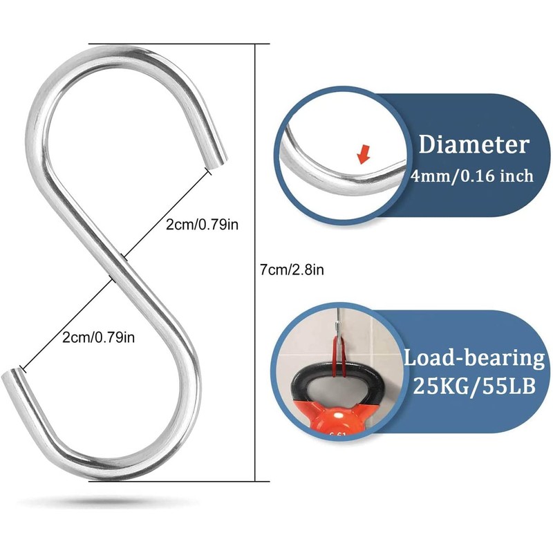 YOUNTHYE 100 Pack 2.8 inch S Hooks for Hanging Stainless