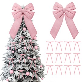Suncalla Pink Christmas Tree Decorations Bows Set Include 1 PC 24 Inch Large Velvet Tree Topper and 12 Pcs Small Velvet Christmas Bows Xmas Ornaments for Front Door Holiday Decor