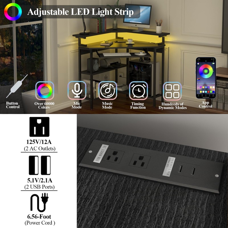 Auromie Corner Desk with Charging Station & LED Light, Triangle