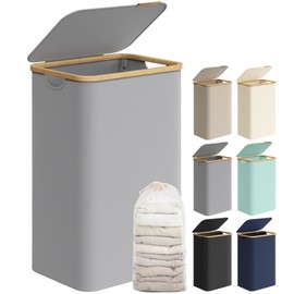 SONGMICS Laundry Hamper with Lid, Large Laundry Basket, 23.8 Gallons (90L), Removable Mesh Liner, Bamboo Handles, Collapsible, 16.5 x 12.6 x 27.8 Inches, Dove Gray ULCB509G01