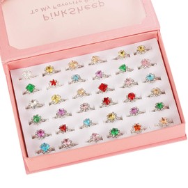 PinkSheep 36 Diamond Jewelry Rings for Little Girls, Adjustable and No Duplication, Girls Pretend Play and Dress Up Rings with Gift Box