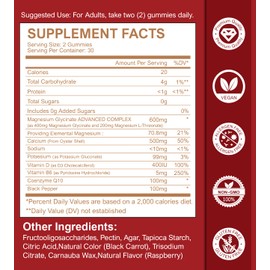 Magnesium Glycinate Gummies, Sugar Free Magnesium Supplement with Magnesium Glycinate 400mg, Magnesium L-Threonate 200mg for Calm Mood, Muscle, Bone & Sleep for Adults, 60 Raspberry Gummies