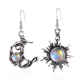 Vintage Boho Opal Sun and Moon Drop Dangle Earrings Moonstone Natural Stone Hook Bohemian for Women Asymmetrical Antiqued Silver Celestial Jewelry (Multicolour)