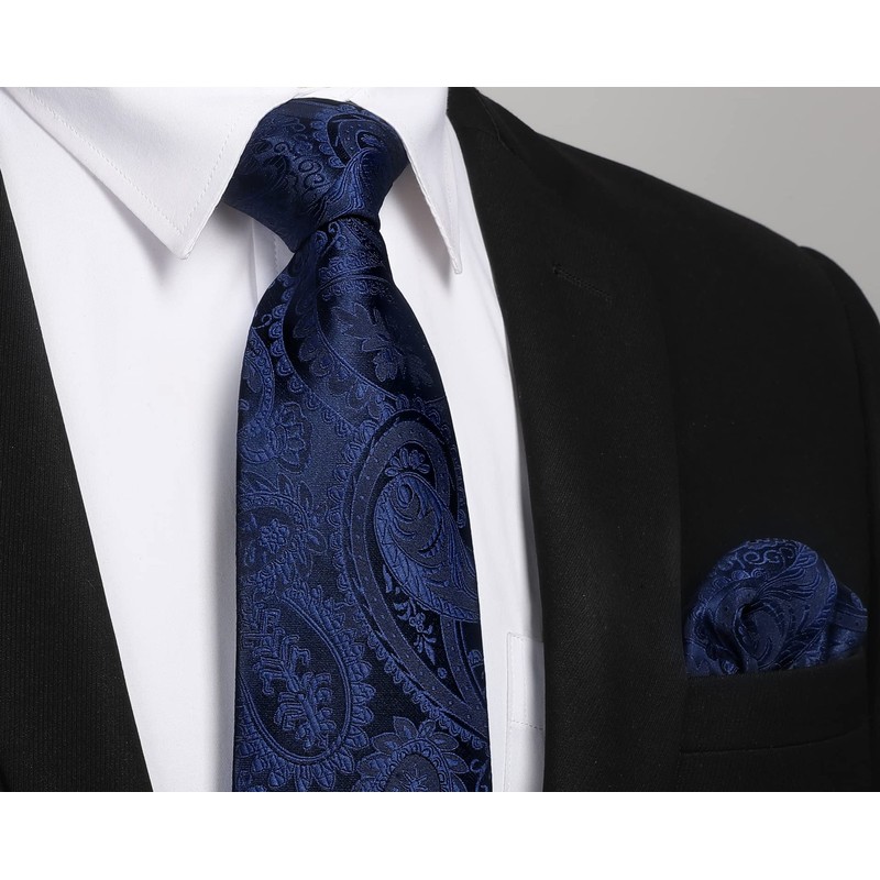 HISDERN Mens Solid Navy Blue Paisley Wedding Tie Handkerchief Men's