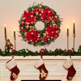 Siyaluens 20" Christmas Wreaths for Front Door with Lights, Christmas Poinsettia Wreath Decorations for Holiday Winter Wall Window Outdoor Indoor Xmas Decor