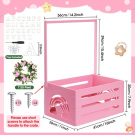 Yerliker Wooden Baby Shower Crate Closet Rainbow Baby Storage Crate Hamper with Handle Garland 26 Letter Basket Baby Shower Wooden Gift Crate for Girls Boys Pregnancy Gifts for Parents (Pink)