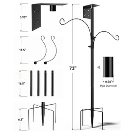LongPlus Bird House Pole with Double Shepherds Hooks Hanging, Adjustable Heavy Duty Mounting Support Stand for Outdoors, Compatible with Bird House and Variety of Smart Bird Feeder Styles 73 Inch