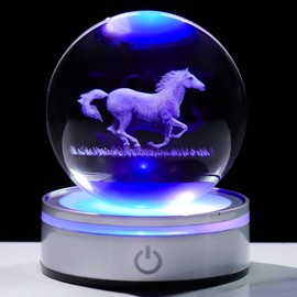 Arikyrist 3.15in. 3D Horse Crystal Ball Gifts for Women Horse Lovers, K9 Crystal Decorative Ball with LED Light Base Engraved Horse Figurine Paperweight for Home Office Birthday Christmas