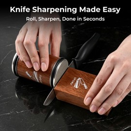 UFORU Rolling Knife Sharpener Kit, Knife Sharpener Tool with 15° & 20° Magnetic Angle Guide, Diamond Discs, Leather Strop, Wooden Kitchen Knife Sharpening System for Chef Knives