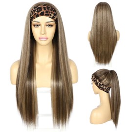 Sapphirewigs Straight Headband Wigs for Women Synthetic Mix Brown Glueless Light Yaki Headband Wig Heat Resistant 26 inch