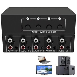 Tkxjry Audio Video Splitter 4 in 1 Out, Audio Switch 3.5 mm Aux + RCA L/R, AUX Audio Switch, Bidirectional Audio Switch, Passive Audio Switch, Video Audio Splitter for Headphones, Phono, Speakers