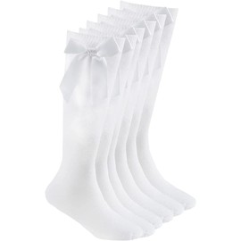 COSHAL® 3 Girls Knee High School Cotton Socks with Fluffy Ribbons Bow, Back to School Sock's Uniform Party Comfort Fit Long Socks Stocking Girls Knee High Kids School Sock Size 9-12 White KHB