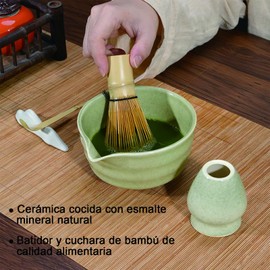 Matcha Kit de Fabricación, Juego de 4 Batidor Matcha, Cuenco para Matcha con Pico, Batidor de Bambú, Cuchara de Bambú y Soporte de Cerámica para Revolver, Juego de Matcha para los Amantes Del Té