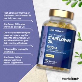 Borretschöl Kapseln 1000mg mit Vitamin B6 | 4 Monate Vorratt - 120 Stück | 168mg GLA | Hochdosiert | Starflower Oil | Horbaach