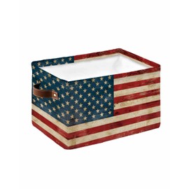 4th of July Storage Basket Vintage American Flag Large Foldable Storage Bins with Handles Retro Patriotic Laundry Baskets for Organizing Shelves Closet Bedroom Home Decor 1 Pack