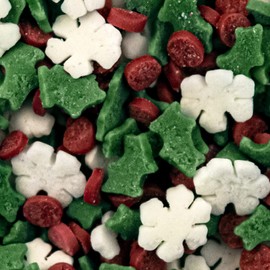 Snowflake & Hollyberry Christmas Cupcake Sprinkles Edible Sugar Toppers Decoration Green Red White Holly Berries Snowflakes 60g BA102650
