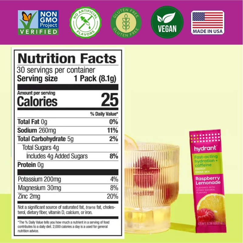 Hydrant - Energy Electrolyte Powder, Raspberry Lemonade Flavor, 12 Caffeine