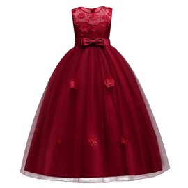 Little Big Girls’Tulle Retro Vintage Dresses Flower Lace Pageant Party Wedding Bridesmaid Floor Length Dance Evening Gowns Burgundy 14-15 Years