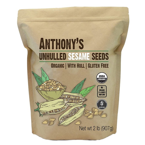 Anthony's Sesame Seeds, 2 lb, Unhulled, Batch Tested and Verified Gluten Free, Natural, With Hull, Keto Friendly