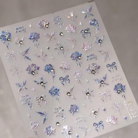 Rose Nail Art Stickers 5D Embossed Nail Decals Rhinestone Nail Art Design Ombre Flower Nail Stickers for Nail Art Manicure Supplies Charm for Women Nail Art Decorations Accessories