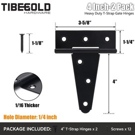 TIBEGOLD 4 Inch T-Strap Gate Hinges, Heavy Duty Shed Door Hinges, Black Tee Hinges for Wooden Fences, Yard Gates, Rustproof Wrought Iron Hardware, 2 Pack