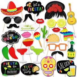 Fiesta Photo Booth Props, Cinco De Mayo Party Decorations Selfie Props for Mexican Fiesta Party Supplies, Mexican Themed Photo Props Kits Sombrero Margarita Chili Lemon Cactus Maraca