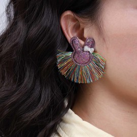 Wendalern Boho Rabbit Tassel Earrings Large Bow Bunny Stud Earrings Long Fringe Fan-shaped Earrings Colored Tassels Animal Rabbit Statement Earrings Prom Jewelry for Women and Girls
