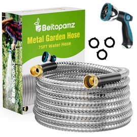 Beitopamz Garden Hose 75 ft, Stainless Steel Metal Water Hose 75 Feet with Nozzle, Flexible, Rust Proof, No-Kink, Heavy Duty, Leakproof 3/4 in Fittings, Lightweight Metal Hose, BT75S Model