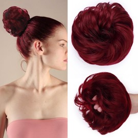 SEGOHAIR Messy Bun Hair Piece Fake Hair Bun Hair Scrunchies Bun - Lightweight 35g Synthetic Hair Bun Piece for Women, Burgundy Red Curly Wavy Elastic updo Scrunchy Bun