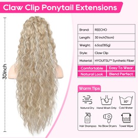 REECHO Ponytail Extension 30" Long Claw Clip Ponytail Extension Curly Wavy Pony Tails Hair Extensions Clip in Synthetic Hairpiece for Women, Medium Blonde with Highlights