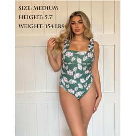 AI'MAGE Women's One Piece Swimsuits Square Neck Monokini Tummy Control Bathing Suit with Adjustable Ruffled Straps Swimwear Green Leaves XL