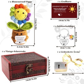 Thank You Gifts Small - Pocket Hug German Positive Knitted Multicoloured Sunflower with Keyring & Greeting Card in Vintage Treasure Chest - Lucky Charm for Friends Colleagues Parents