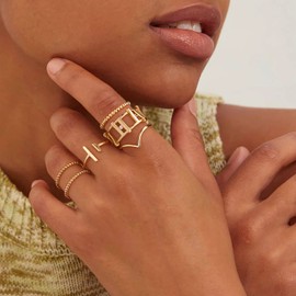 GNIRTSI Gold Chain Ring for Women Link Cubic Zirconia 14K Gold Plated Minimalist Stack Wide Band Finger Jewelry Size 6