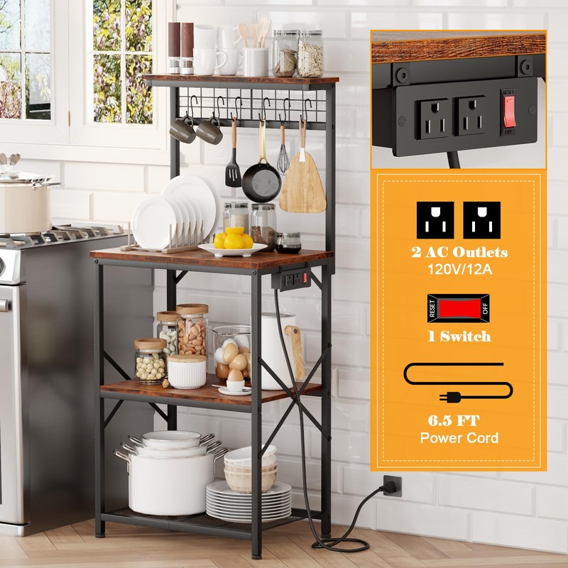 Furologee Kitchen Bakers Rack with Power Outlet, Microwave Oven Stand