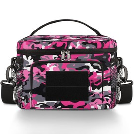 GzLeyigou Insulated Tactical Lunch Bag, Abstract Camouflage Large Lunch Box for Women Men Meal Prep Thermal Cooler Pink White Camo Lunch Container with Shoulder Strap, Lunchbox for Work Picnic