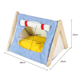 SEZDEKI Rabbit Tent Wood Guinea Pig Hideout Large with Curtain & Cushion Easy to Assemble Small Animal House Cage Accessories for Pet Bunny, Ferret, Rat, Chinchilla, Squirrel (Blue, Large)
