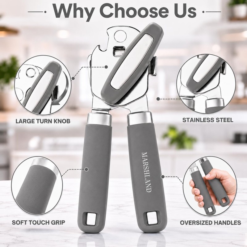 Marshland Tin Opener UK - Stainless Steel Soft Handled Manual-Magnetic