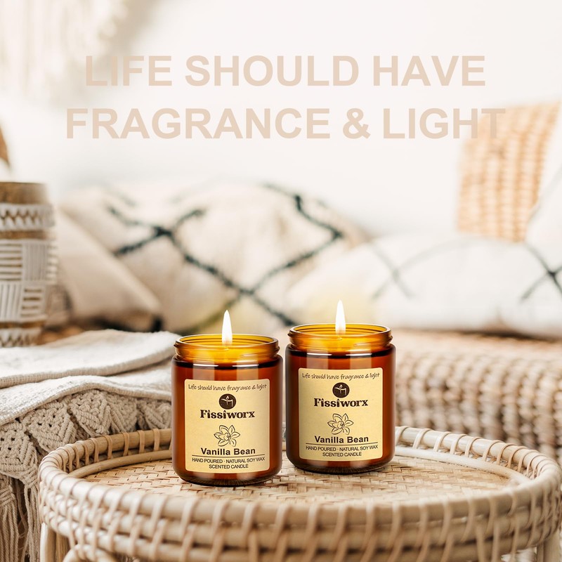 Fissiworx Vanilla Scented Candle Set 2 Pack, Candle for Home