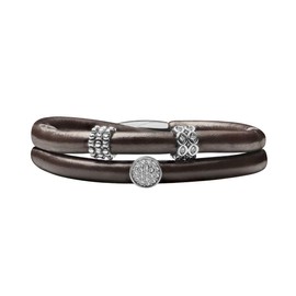 Quiges Leather Wrap Bracelet Brown 40-44 cm with Charm Beads Silver-Plated Stainless Steel Magnetic Clasp, Leather, Cubic Zirconia