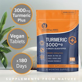 Turmeric 3000mg High Strength Supplement with Black Pepper & Ginger – 180 Vegan Tablets (Not Capsules) – Curcumin-rich Turmeric – Made in the UK by Howard & James