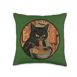 Cat Slurping Ramen Noodles – Japanese Kawaii Art Design Throw Pillow