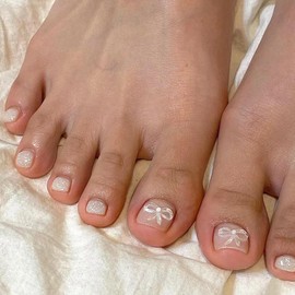 AkiliBIELY Bare Bow Press on Toenails for Women Fantasy Bling Toe Nail Press ons Full Cover Classy Glitter Toe Press on Nails Full Acrylic Cover Press on Toe Nails for Wedding Birthday