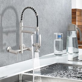 DEMIINUS Wall Mount Kitchen Faucet with Pull Down Sprayer, 8 Inch Center Kitchen Sink Faucet, Heavy-Duty Commercial Wall Mount Faucets, 2 Handle Faucet for Kitchen Sink, Brushed Nickel