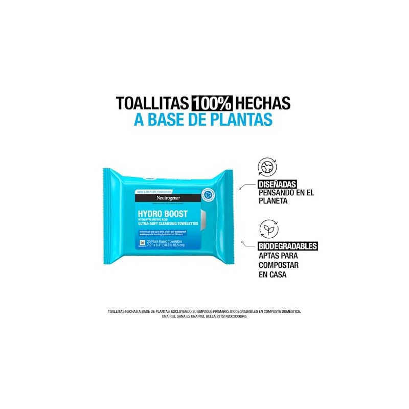 Neutrogena Toallitas limpiadoras Hydro Boost Ácido Hialurónico 25 pzs