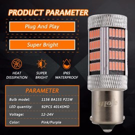 GLOFE - Bombillas LED de alta potencia de 92 smd 14000 K, color rosa, morado 1156 P21W 7506 BA15S centro de freno, parada de cola DRL, luz de circulación diurna de repuesto para coches, camiones, SUV,