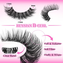 PVDKIW Strip Lashes Wispy False Eyelashes Clear Band Mink Lashes Natural Look Fake Eyelashes 3D 17MM Fluffy Cat Eye Lashes Pack, 7 Pairs