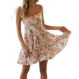 Mansy Womens 2025 Summer Floral Mini Dress Boho Flowy Skater Dresses Short Sleeveless Ruffle Spaghetti Strap Dress Orange Flower