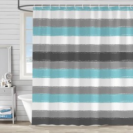 Teal Striped Shower Curtain Grey Black White Geometric Stripe Fashion Girl Vintage Modern Aesthetic Minimalist Neutral Abstract Turquoise Blue Polyester Bathroom Decor Set with Hooks 70Wx70H Inch
