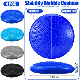 Sotiff 4 Pcs Inflated Wobble Cushion Flexible Wiggle Seat 14” L x 3.2” H Stability Balance Disc with Pump for Sensory Kids Adult Physical Exercise Equipment(Black, Gray, Dark Blue, Light Blue)